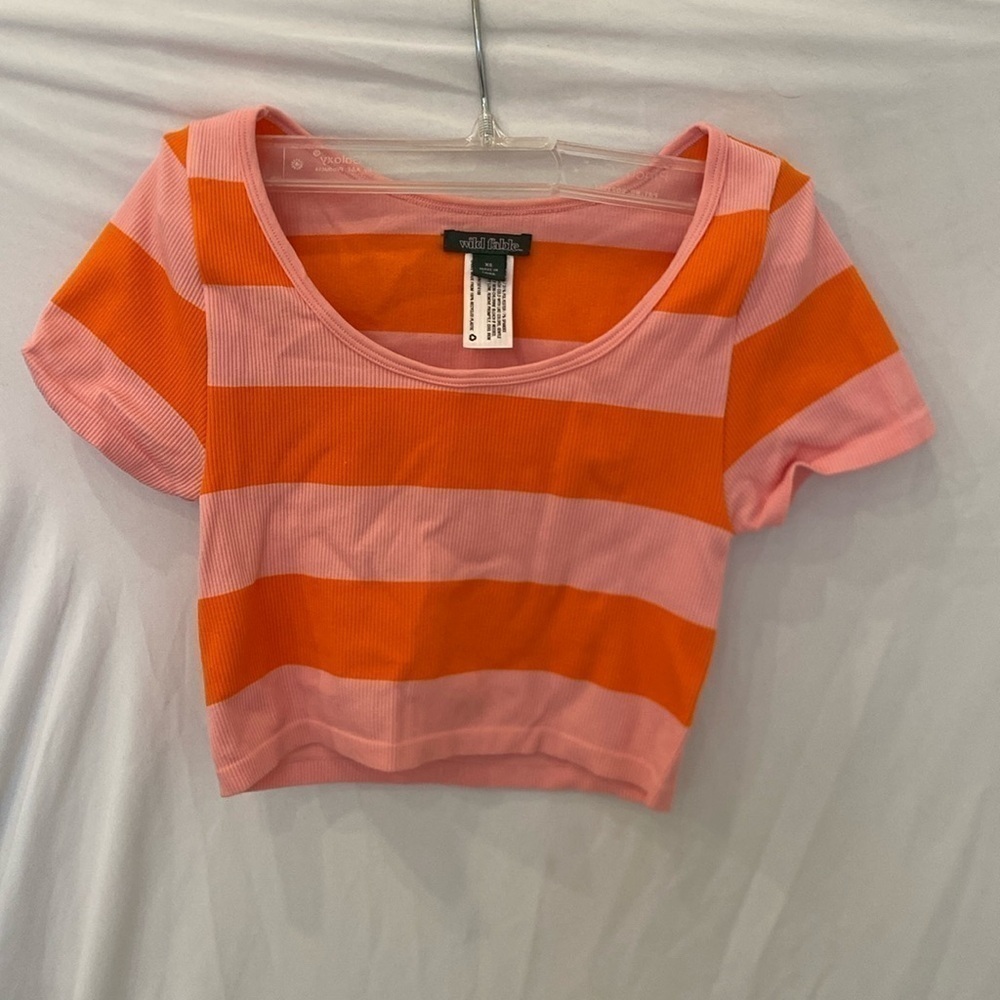 wild fable Y2K ribbed short sleeve crop top pink & orange horizontal stripes